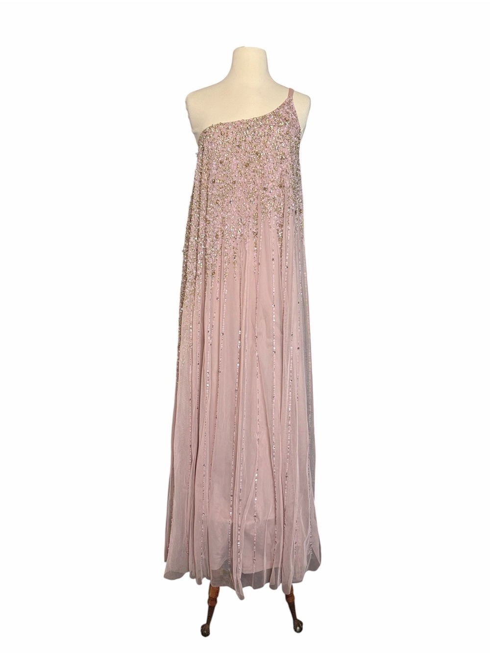 Mac Duggal One Shoulder Embellished Trapeze A Line Gown Porcelain Gold Blush